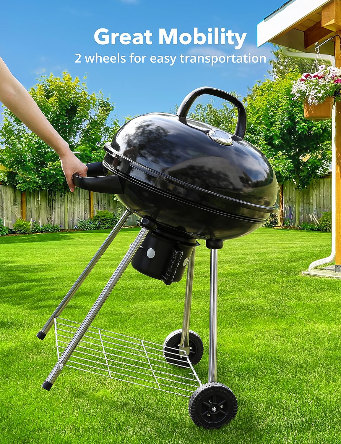Charcoal BBQ Grill 22-Inch, Kettle Charcoal Grill with Lid Thermometer, Integrated Wheels, Plated Steel Grates, Slid Out Ash Catcher, Integrated Wheels, for Outdoor Cooking, Picnic, Patio, Backyard