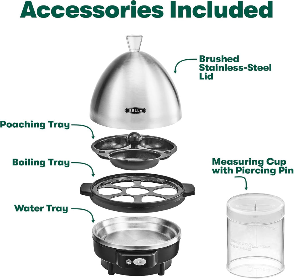 BELLA Rapid Electric Egg Cooker and Omelet Maker with Auto Shut Off, for Easy to Peel, Poached Eggs, Soft, Medium and Hard-Boiled Eggs, 7 Egg Capacity Tray, Single Tier, Black & Steel