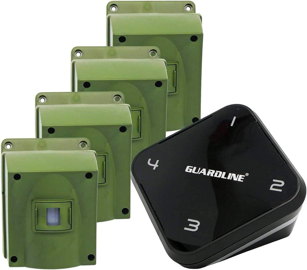Guardline Wireless Driveway Alarm - 4 Motion Detector Alarm Sensors & 1 Receiver, 1/4 Mile Range, Weatherproof Outdoor Security Alert System for Home & Property