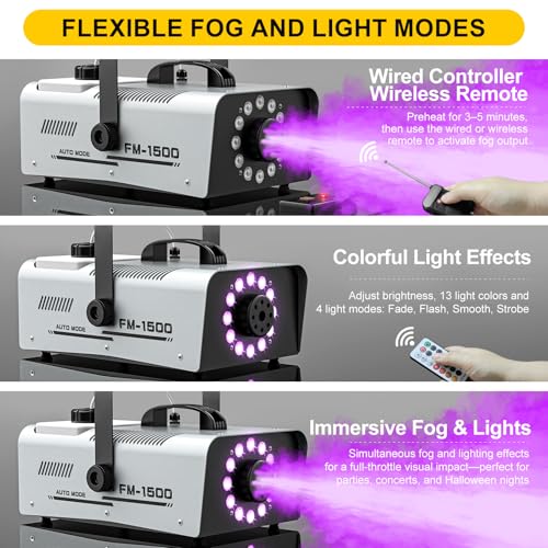 Fog Machine Outdoor Halloween, 1500W 20000CFM Smoke Machine with LED Lights, 2L Tank, 13 Colors & 4 Light Modes, Dual Wireless Remotes, Ideal for Indoor Parties, Stages, Weddings, DJ, Events