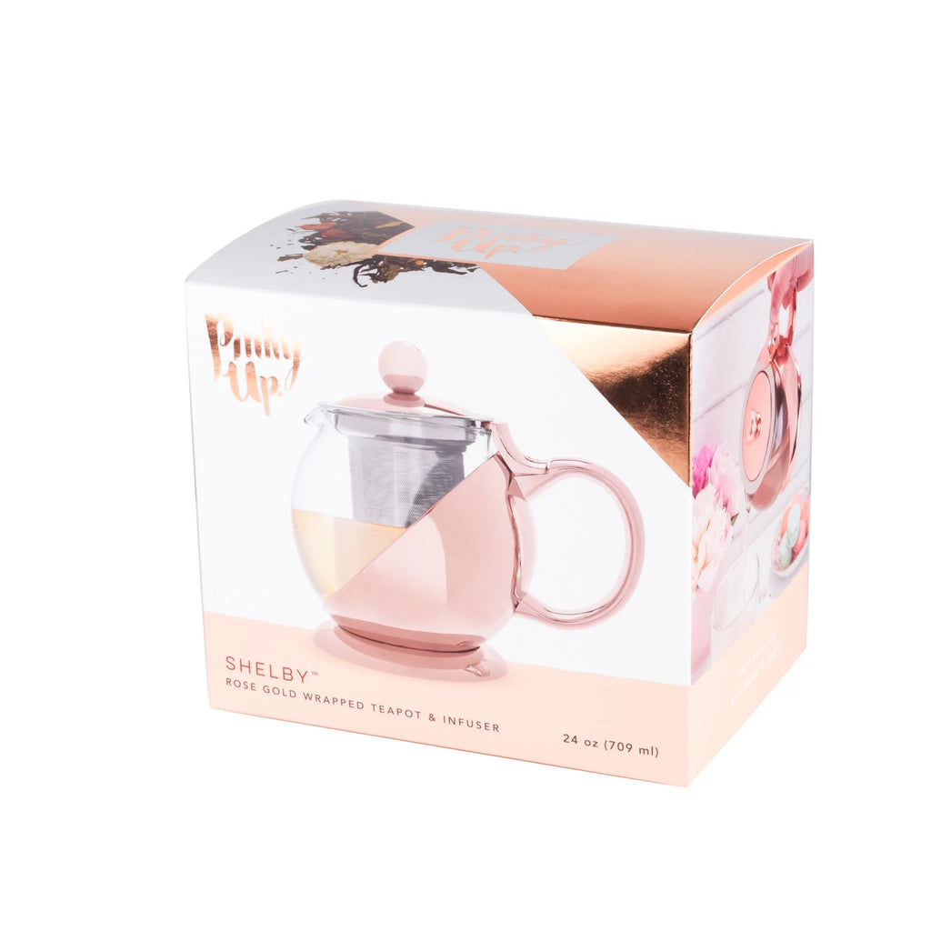Pinky Up Rose Gold Wrapped Teapot - Tea Clear Glass Pot with Infuser Strainer and Tea Kettle for Loose Tea, 24 Oz