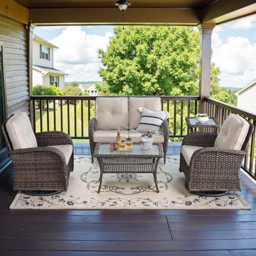 Patio Wicker Chairs Swivel Rocker - Outdoor Swivel Rocking Chairs Set of 2 with Rattan Side Table, Patio Swivel Glider Chair 3 Piece Patio Furniture Sets for Deck Porch Pool Brown/Blue
