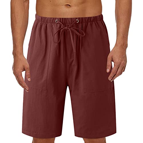 Men's Linen Casual Classic Short Elastic Waist Summer Beach Lightweight Board Slim-Fit with Pockets Active Running Walk Short