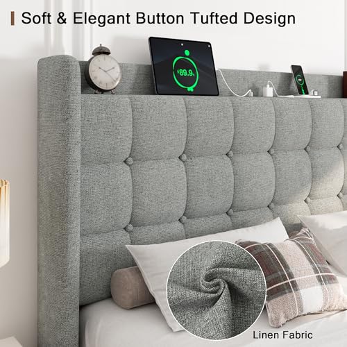 Queen Bed Frame, Upholstered Platform Bed with Charging Station, Modern Wingback Storage Headboard, Solid Wood Slats Support, No Box Spring Needed, Dark Gray