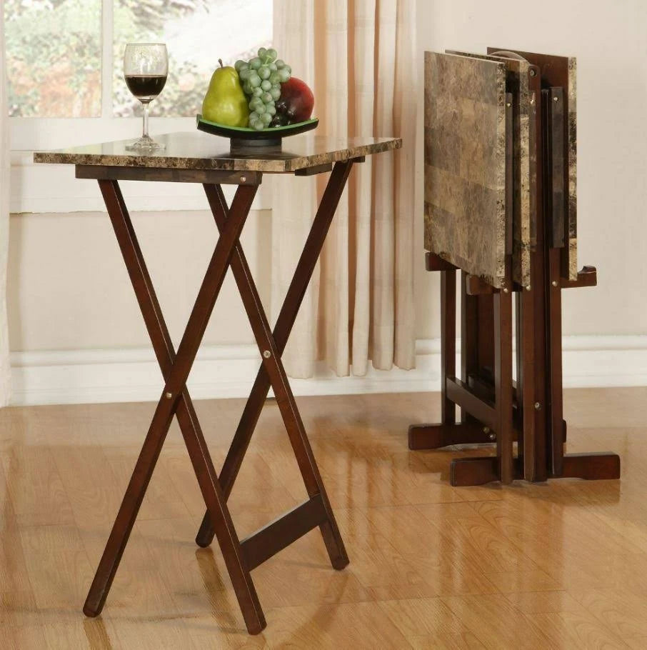 TV Tray Table 4 Piece Set with Stand - Faux Marble and Dark Brown