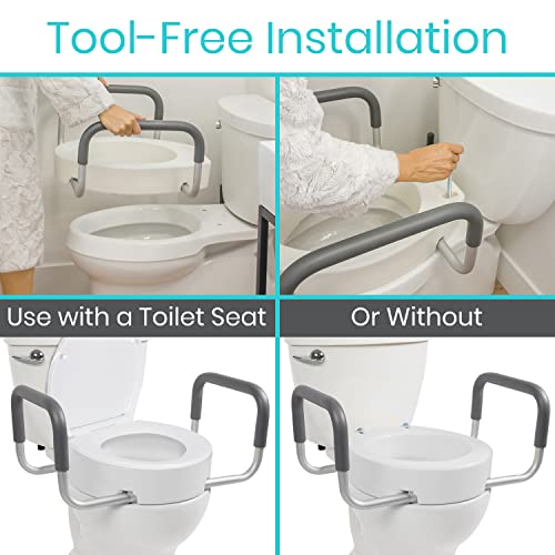 Vive Toilet Seat Risers for Seniors (Raised with Handles) Grab Bar Seat for Seniors - Options for Elongated & Standard Bowls - Elderly Handicap Medical Hip Replacement Surgery Lift, Easy Clean, White