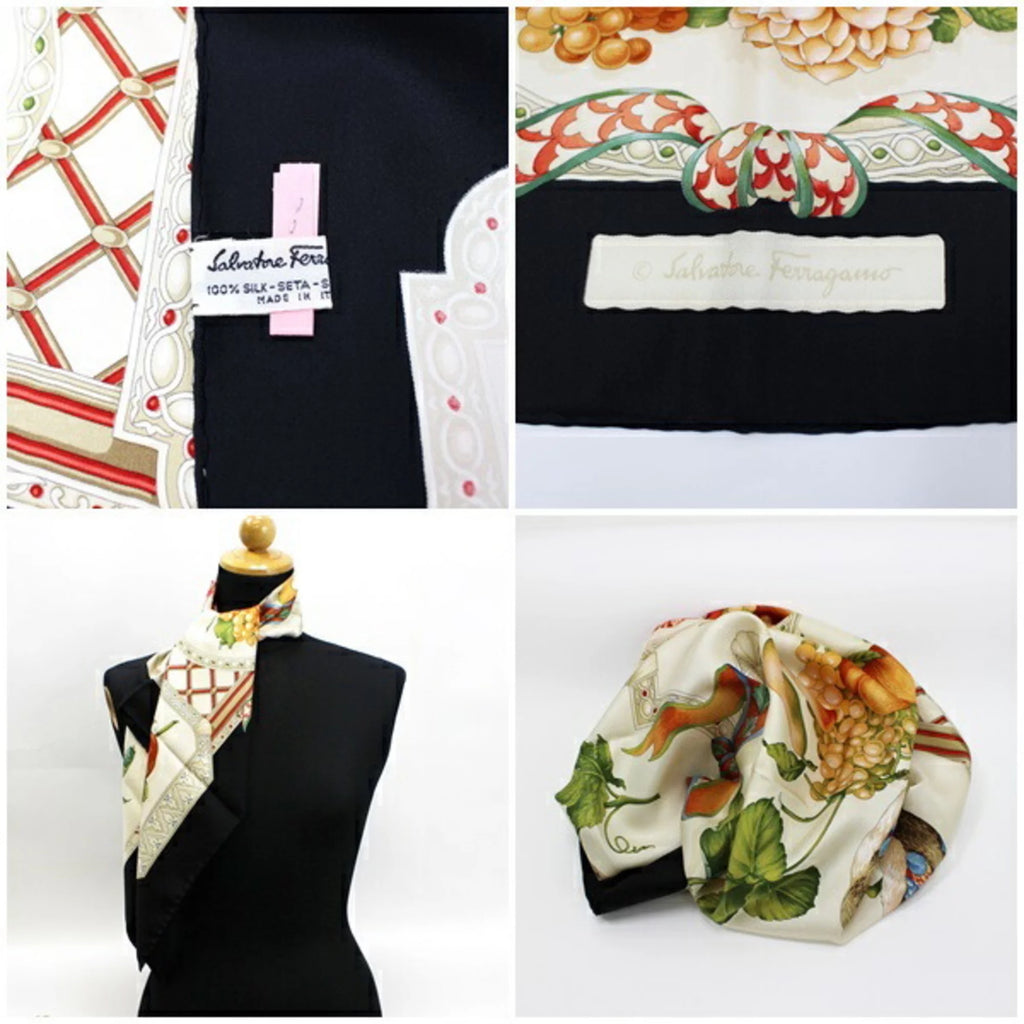 Pre-Owned Salvatore Ferragamo Ferragamo Silk Scarf Muffler Black x Ivory Tori Salvatore Women's (Good)