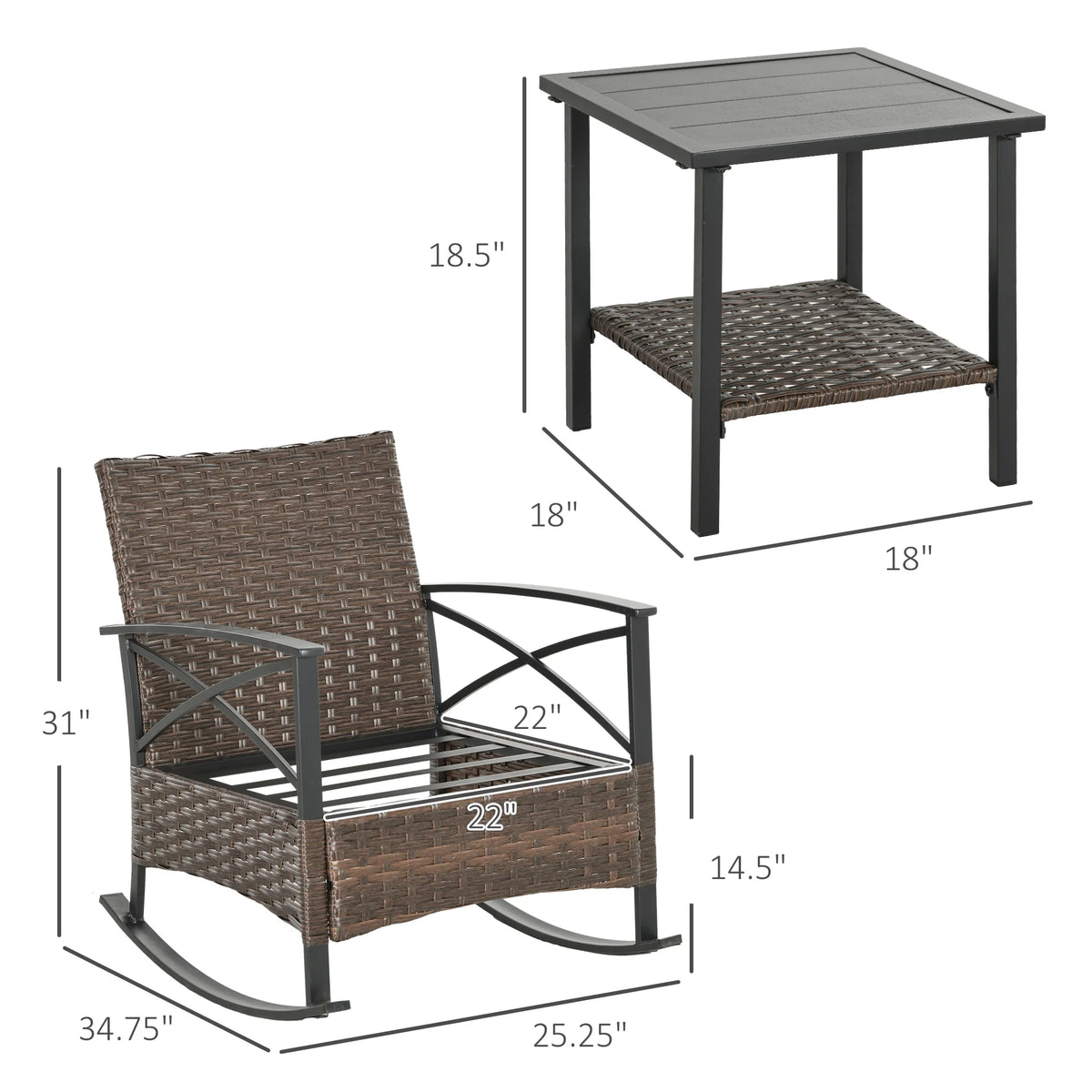 Outsunny 3pc Rocking Chair Set w/ Cushions, Wicker Bistro Set, Dark Blue