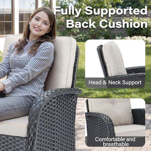 Patio Wicker Chairs Swivel Rocker - Outdoor Swivel Rocking Chairs Set of 2 with Rattan Side Table, Patio Swivel Glider Chair 3 Piece Patio Furniture Sets for Deck Porch Pool Brown/Blue