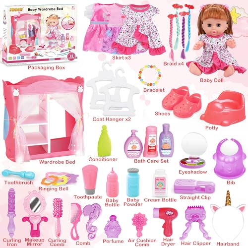 Baby Doll Toys Set, 14 Doll Toys, 25Pcs Dolls Care Toy Playset, Toddlers Toy Doll Set Incl Cradle Crib, High Chair, Milk Bottle, Pacifier, Diaper, Baby Gift for Age 3 4 5 6+ Years Old Girls Boys