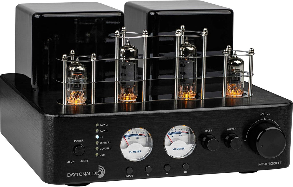 Dayton Audio HTA100BT Hybrid Stereo Tube Amplifier with Bluetooth USB Aux Phono in Sub Out 100W