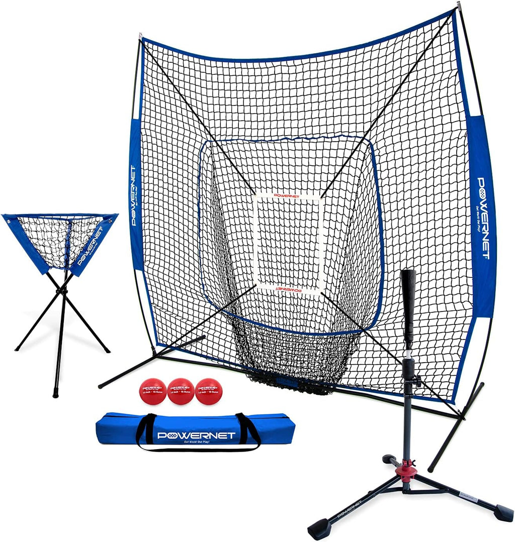PowerNet 7x7 DLX Practice Net + Deluxe Tee + Ball Caddy + Weighted Balls + Strike Zone Bundle | Baseball Softball Training Equipment