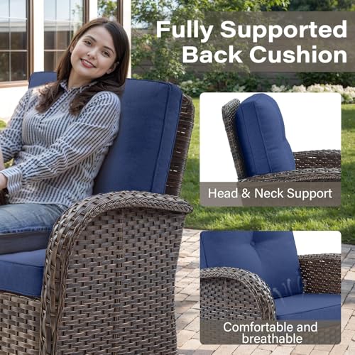 Patio Wicker Chairs Swivel Rocker - Outdoor Swivel Rocking Chairs Set of 2 with Rattan Side Table, Patio Swivel Glider Chair 3 Piece Patio Furniture Sets for Deck Porch Pool Brown/Blue