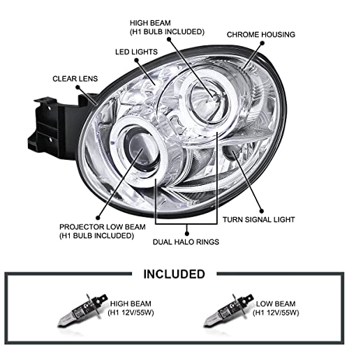 SPEC-D TUNING Dual Halo LED Projector Headlights Glossy Black Housing Smoke Lens Compatible with 2002-2003 Subaru Impreza, Left + Right Pair Headlamps Assembly