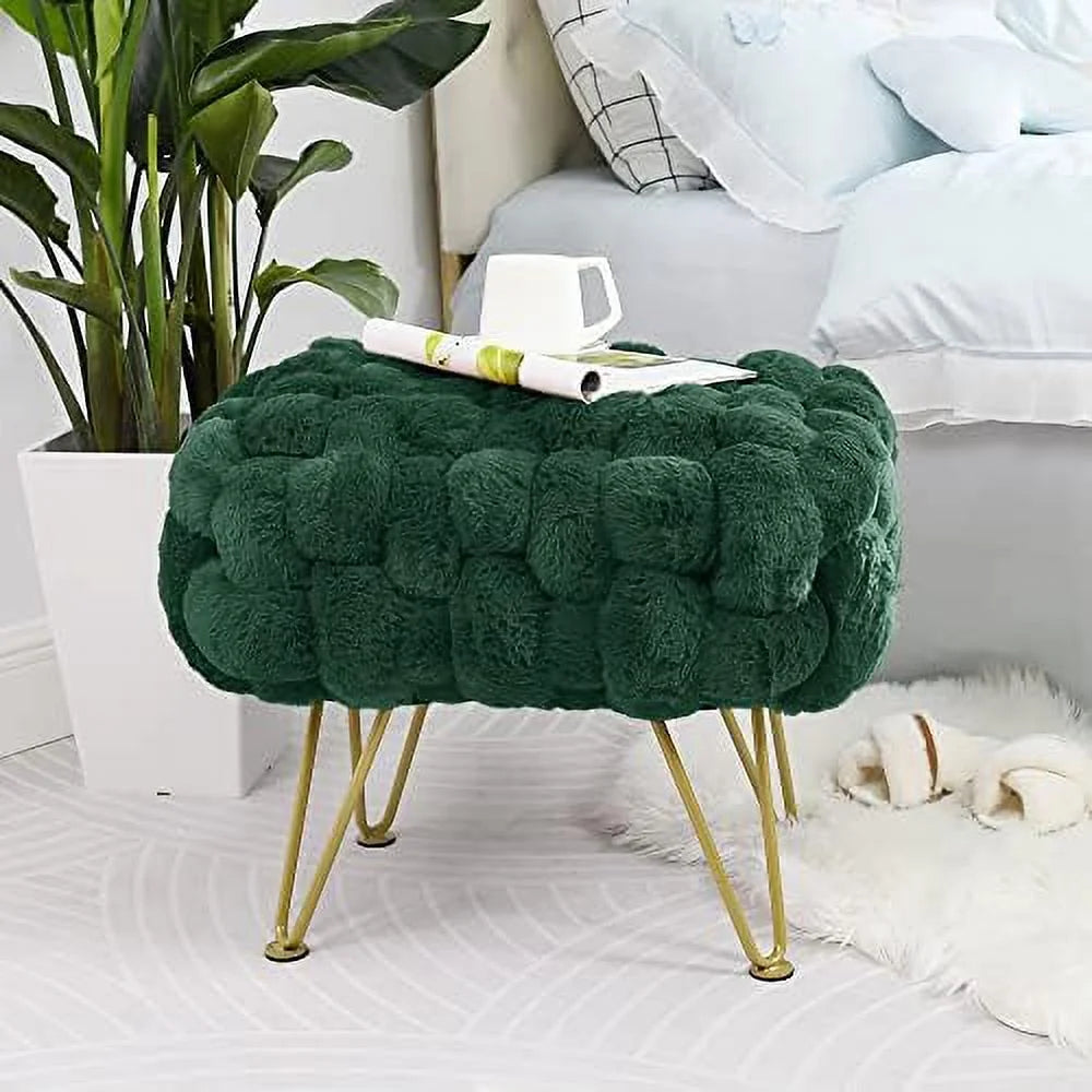 Pink Soft Faux Ottoman Fuzzy Entryway Bench Seat 27x20x19 Sturdy Accent Coffee Table for Living Room Make up Vanity Fluffy Shoe Stool with Golden Legs for Bedroom Closet F