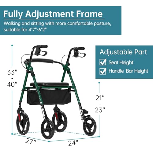 ELENKER Rollator Walker with 10?? Wheels, Sponge Padded Seat and Backrest, Fully Adjustment Frame for Seniors, Green