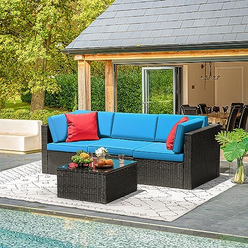 Devoko Patio Furniture Sets 6 Pieces Outdoor Sectional Rattan Sofa Manual Weaving Wicker Patio Conversation Set with Glass Table and Cushion (Beige)