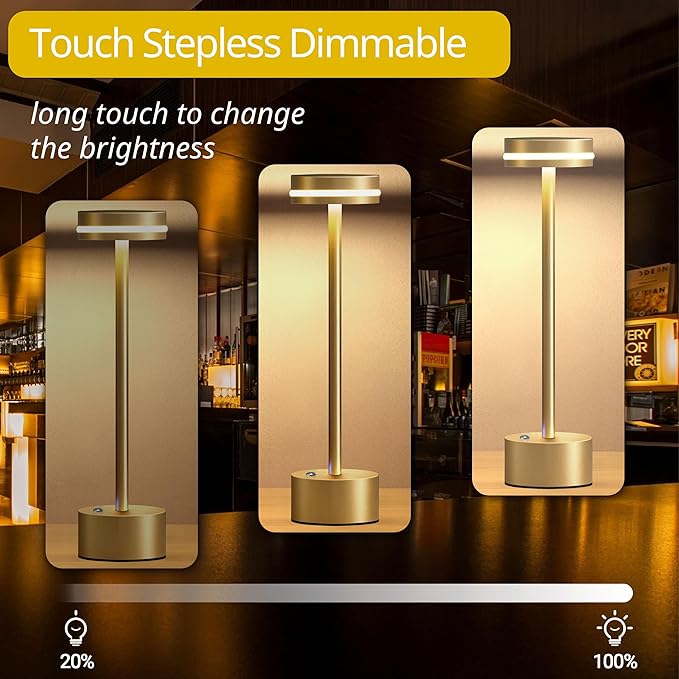 Cordless Table Lamp, Portable Rechargeable Bedside Lamp, Touch Stepless Dimmable Desk Lamp, for Home Bedroom Hotel Restaurant Bar Outdoor, 2 Pack, Gold