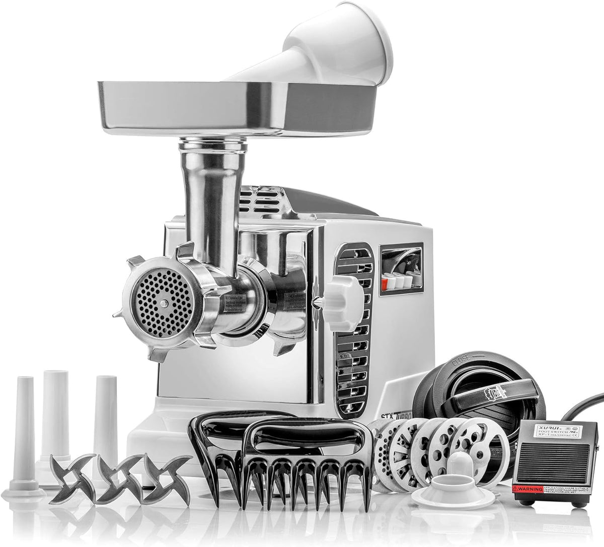STX Turboforce IIPlatinum w/Foot Pedal Heavy Duty Electric Meat Grinder & Sausage Stuffer: 6 Grinding Plates, 3 S/S Blades, 3 Sausage Tubes, Kubbe, 2 Meat Claws, Burger-Slider Patty Maker - White