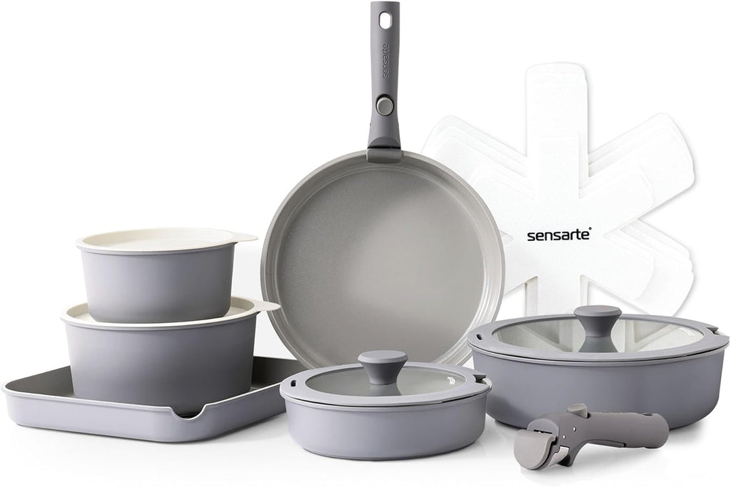 SENSARTE 17 Piece Ceramic Pots and Pans Set, Nonstick Detachable Handle Cookware, Induction Kitchen Cookware Set with Removable Handle, Dishwasher ?? Oven Safe (Gray)