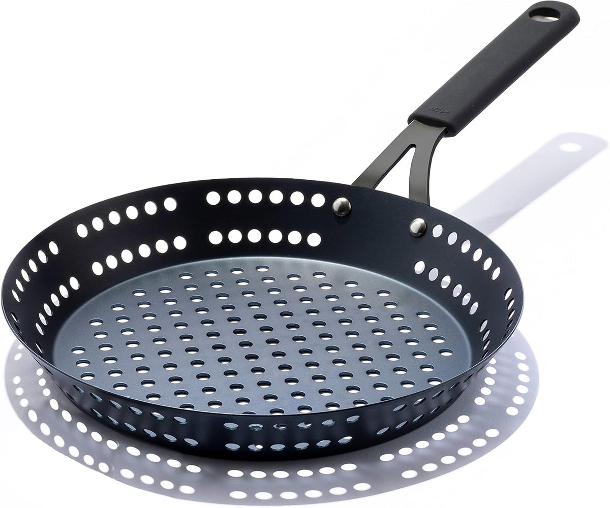OXO Obsidian Pre-Seasoned Carbon Steel, 12 Wok Pan with Removable Silicone Handle Holder, Induction, Oven Safe, Black