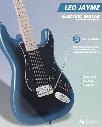 Leo Jaymz 39 Full Size ST Style Electric Guitar Starter Kit with SSH Pickup, 5W Portable Amp, Tuner, Gig Bag, Strap & Accessories (Violet Ocean)