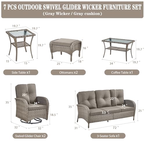 Patio Wicker Chairs Swivel Rocker - Outdoor Swivel Rocking Chairs Set of 2 with Rattan Side Table, Patio Swivel Glider Chair 3 Piece Patio Furniture Sets for Deck Porch Pool Brown/Blue