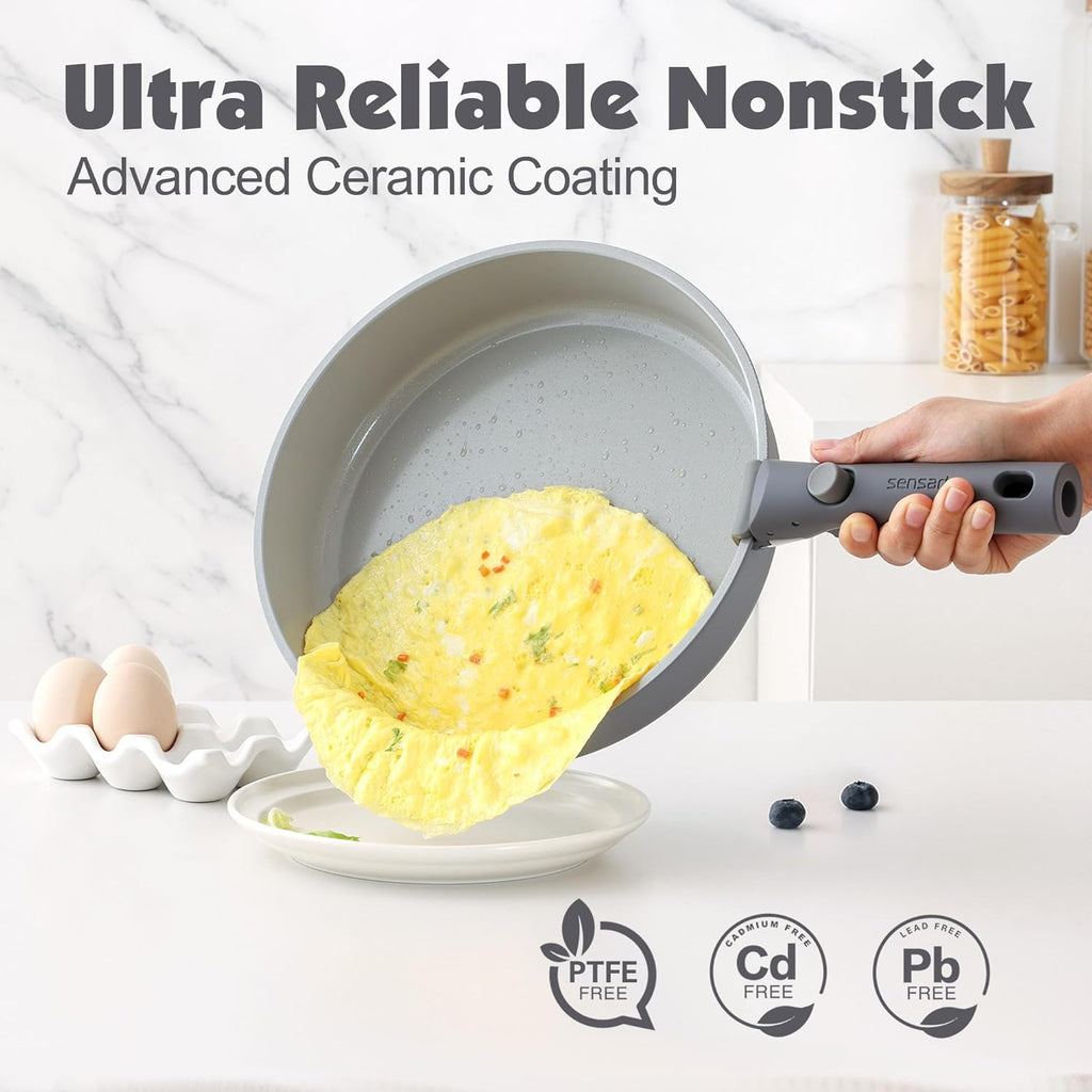 SENSARTE 17 Piece Ceramic Pots and Pans Set, Nonstick Detachable Handle Cookware, Induction Kitchen Cookware Set with Removable Handle, Dishwasher ?? Oven Safe (Gray)