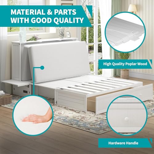BALUS Murphy Bed Cabinet,Queen Murphy Bed with Tri-fold Mattress & USB Charging Station,Modern Wall Chest Beds with Folding Night Stand Trays and Storage Drawers for Bedroom Living Room,Grey-Blue