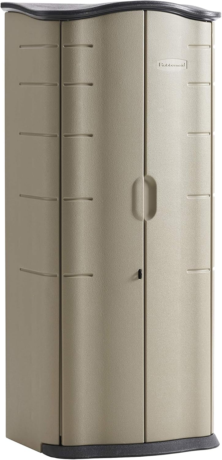 Rubbermaid Vertical Resin Weather Resistant Outdoor Storage Shed, 2x2.5 ft., Olive and Sandstone, for Garden/Backyard/Home/Pool