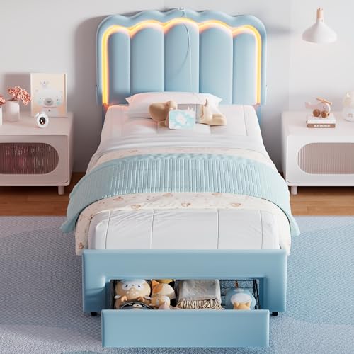 Twin Upholstered LED Bed Frame with Storage Drawer and Adjustable Chic Double Wavy Headboard, Velvet Princess Platform Bed for Kids/Girls, Solid Wood Slats Support, No Box Spring Needed, Beige