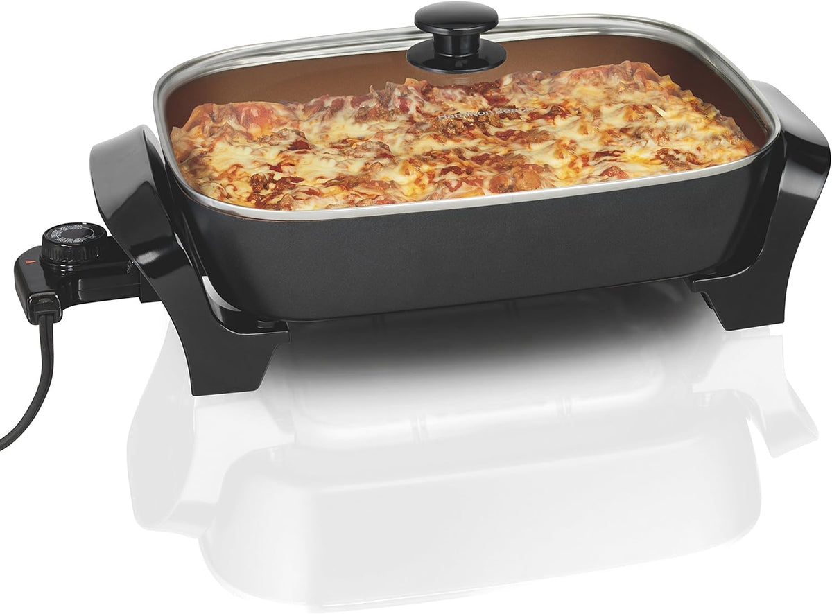 Hamilton Beach Durathon Ceramic Electric Skillet with Removable 12x15?? Pan, Adjustable Temperature, Reversible Design, Tempered Glass Lid (38529K)