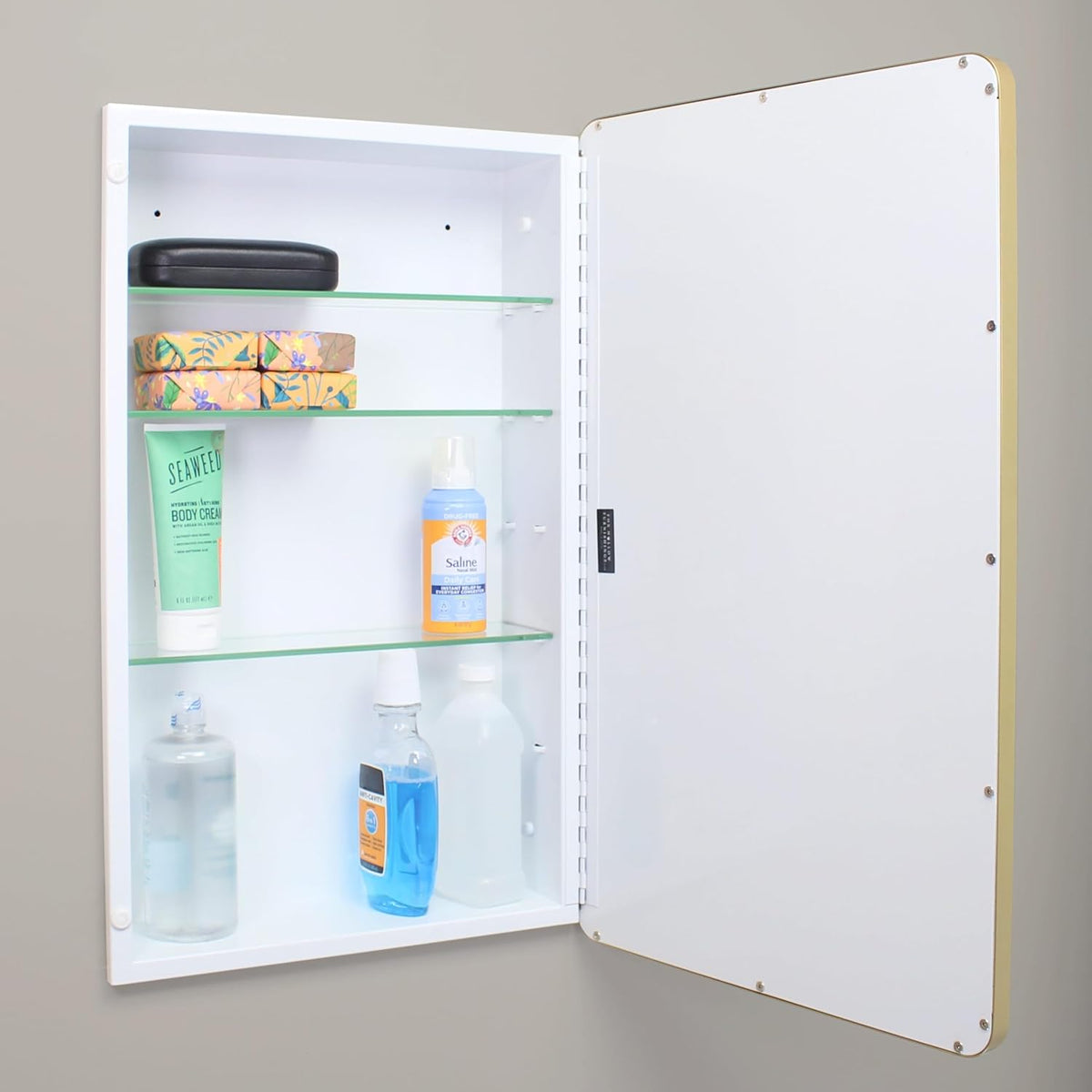 16x20 Austin Farmhouse Metal Framed Rounded Rectangle Recessed Bathroom Medicine Cabinet, Beveled Mirror, 14x18 in-Wall Opening, powder-coated Steel, Glass Shelves, Magnet Close, Brushed Nickel