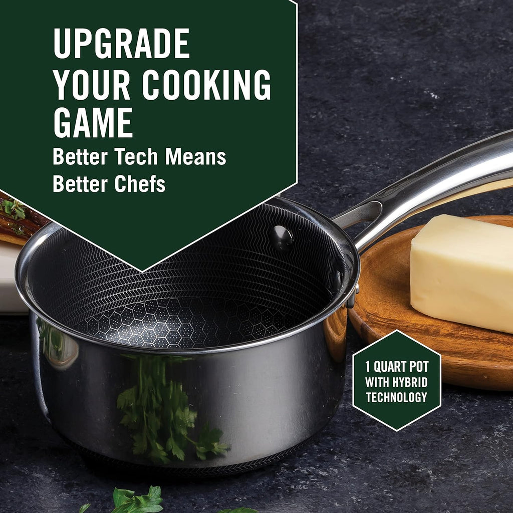 HexClad 1 Quart Hybrid Pot with Glass Lid - Non Stick Saucepan, Easy to Clean, Dishwasher & Oven Safe - Perfect for Making Sauces, Reheating Soups, Stocks, Cooking Grains