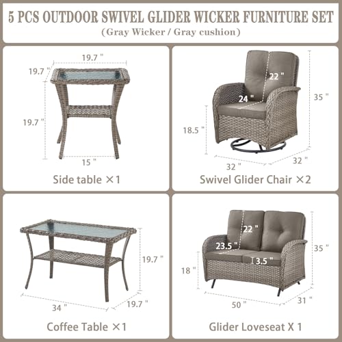 Patio Wicker Chairs Swivel Rocker - Outdoor Swivel Rocking Chairs Set of 2 with Rattan Side Table, Patio Swivel Glider Chair 3 Piece Patio Furniture Sets for Deck Porch Pool Brown/Blue
