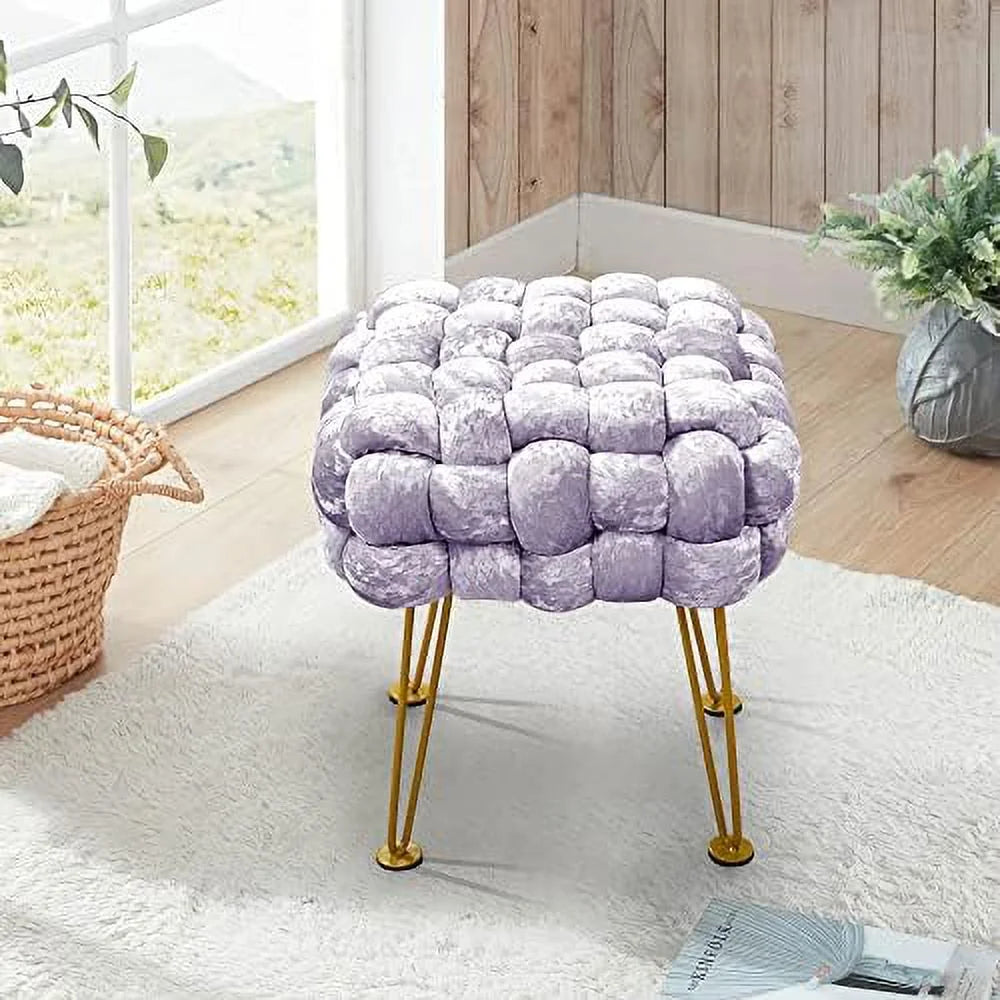Retro Green Soft Upholstered Ottoman Entryway Bench Seat 16x16x16 Sturdy Accent Coffee Table for Living Room Make Up Vanity Fluffy Shoe Stool with Golden Legs for Bedroom C