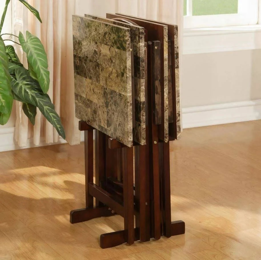 TV Tray Table 4 Piece Set with Stand - Faux Marble and Dark Brown