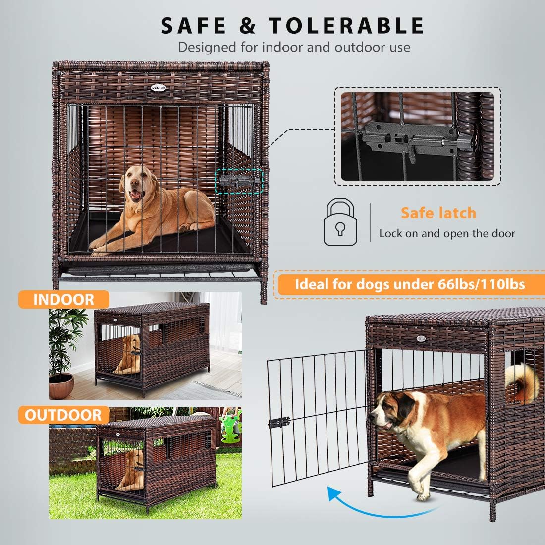 DEStar Heavy Duty PE Rattan Wicker Pet Dog Cage Crate Indoor Outdoor Puppy House Shelter with Removable Tray and UV Resistant Cover