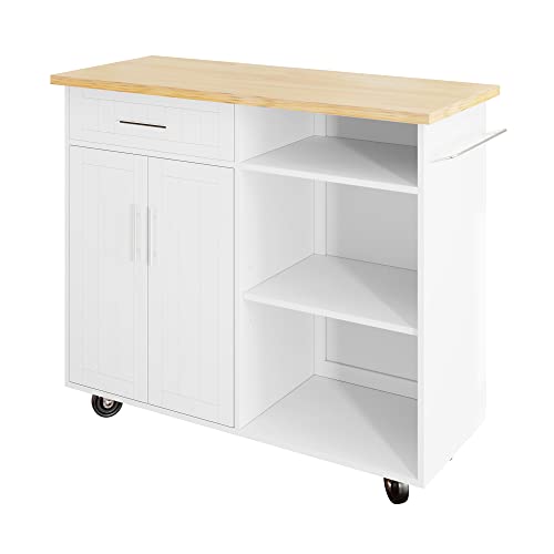 Shintenchi Kitchen Island Cart with Storage,Rolling Side Table on Wheels with Large Worktop, Cabinet,Towel Rack and Drawers for Kitchen,Dinning Room, White