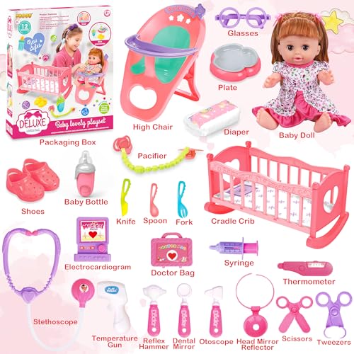 Baby Doll Toys Set, 14 Doll Toys, 25Pcs Dolls Care Toy Playset, Toddlers Toy Doll Set Incl Cradle Crib, High Chair, Milk Bottle, Pacifier, Diaper, Baby Gift for Age 3 4 5 6+ Years Old Girls Boys