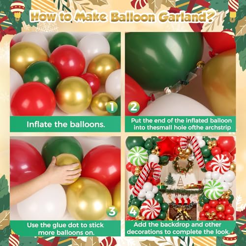 165Pcs Christmas Balloon Arch Garland Kit with Xmas Red White Green Gold Latex Balloons Gift Box Candy Cane Star Foil Balloons Arch Kit for Christmas New Year Party Birthday Party Decorations