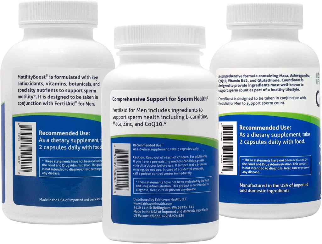 FertilAid for Men, MotilityBoost, Countboost Bundle - Male Fertility Stack with Preconception Vitamin & Fertility Formula Targets Count, Motility, Morphology, with Maca, Ashwagandha, CoQ10, Zinc