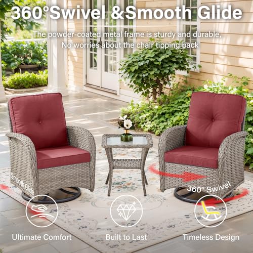 Patio Wicker Chairs Swivel Rocker - Outdoor Swivel Rocking Chairs Set of 2 with Rattan Side Table, Patio Swivel Glider Chair 3 Piece Patio Furniture Sets for Deck Porch Pool Brown/Blue