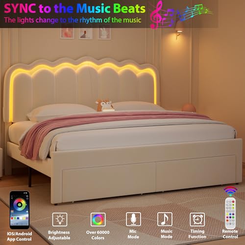 Twin Upholstered LED Bed Frame with Storage Drawer and Adjustable Chic Double Wavy Headboard, Velvet Princess Platform Bed for Kids/Girls, Solid Wood Slats Support, No Box Spring Needed, Beige