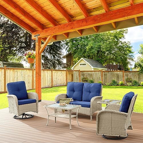 Patio Wicker Chairs Swivel Rocker - Outdoor Swivel Rocking Chairs Set of 2 with Rattan Side Table, Patio Swivel Glider Chair 3 Piece Patio Furniture Sets for Deck Porch Pool Brown/Blue