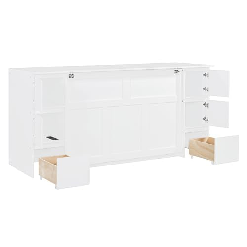 Twin Size Murphy Beds with Charging Station and Storage Drawers, Wood Cabinet Bed Frame, Wall Bed with Outlet & USB Ports for Home Office Studio, White