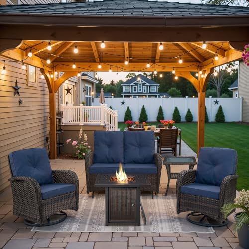 Patio Wicker Chairs Swivel Rocker - Outdoor Swivel Rocking Chairs Set of 2 with Rattan Side Table, Patio Swivel Glider Chair 3 Piece Patio Furniture Sets for Deck Porch Pool Brown/Blue