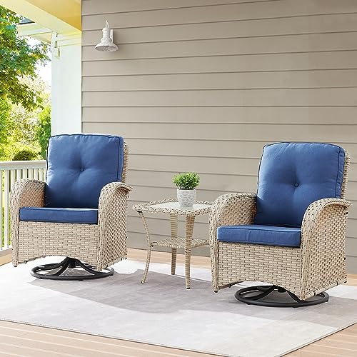 Patio Wicker Chairs Swivel Rocker - Outdoor Swivel Rocking Chairs Set of 2 with Rattan Side Table, Patio Swivel Glider Chair 3 Piece Patio Furniture Sets for Deck Porch Pool Brown/Blue