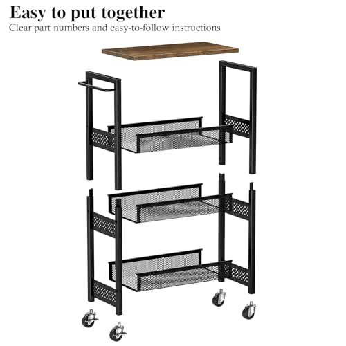 Utility Slim Storage Cart, 4 Tier Small Rolling Kitchen Laundry Room Cart with Wood Top, Metal Narrow Bathroom Storage Cabinet Mobile Shelf Unit Organizer Trolley with Handle for Narrow Space