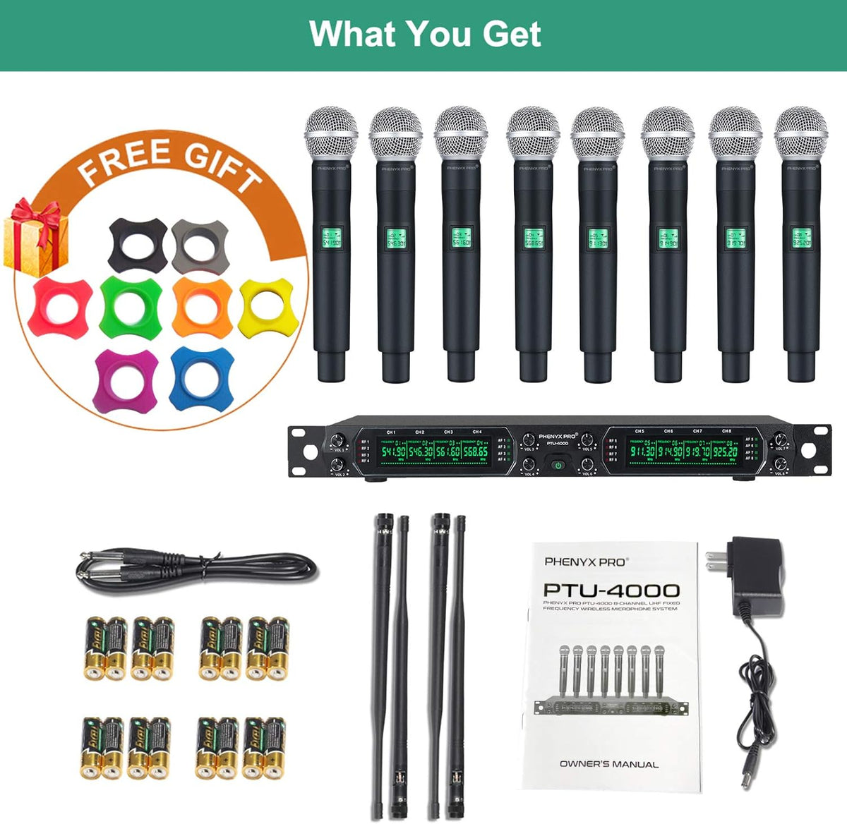 Wireless Microphone System, Phenyx Pro 8-Channel UHF Cordless Mic Set with Eight Handheld Mics, Fixed Frequency, All Metal Build, Long Range 260ft, Ideal for Karaoke,Church,Events (PTU-4000A)